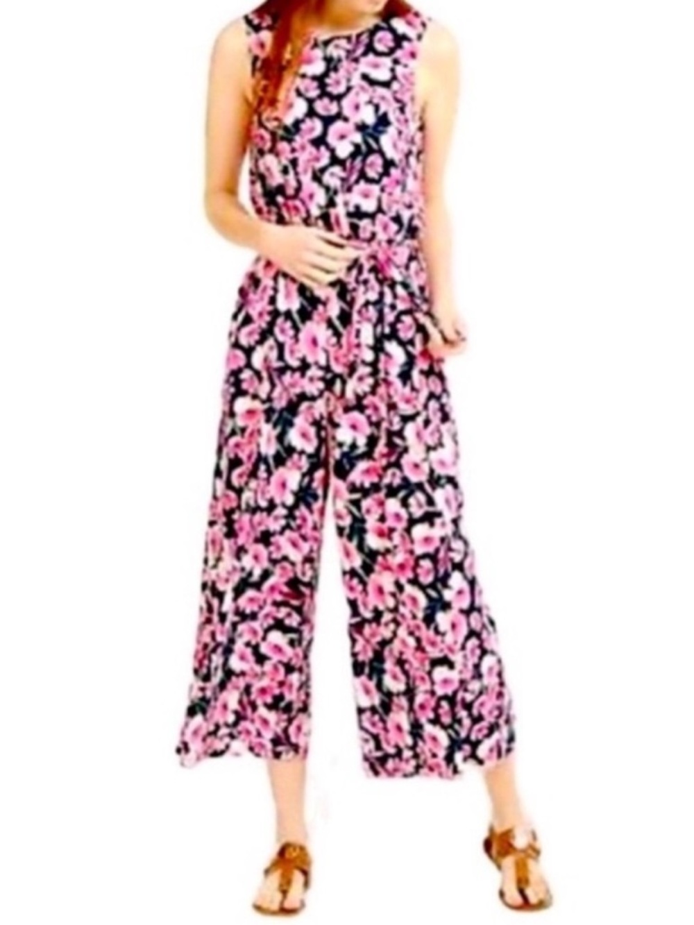 NEW Tommy Hilfiger Wide Leg Cropped Jumpsuit Pockets Blue Pink White Size XS